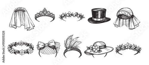 An illustration featuring a variety of hand-drawn millinery items, including wedding veils, tiaras, floral crowns, hats, and flapper headbands, sketched in black ink on a white background.