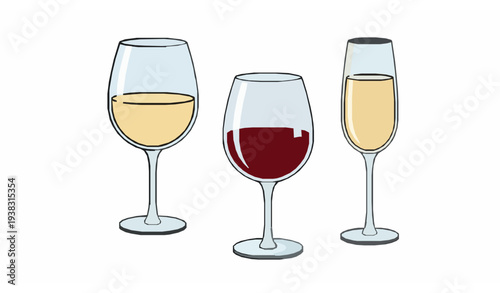 Cartoon vector wine glass set isolated on white background with white and red wine