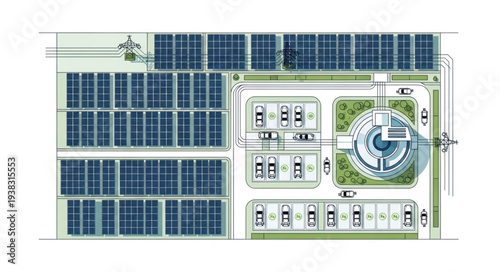 Architectural Blueprint of a Modern Building Complex with Solar Panels.