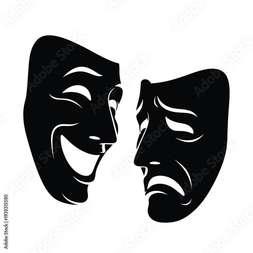 A black and white vector illustration of comedy and tragedy masks featuring a cartoon character expression with a skull face and old monster teeth