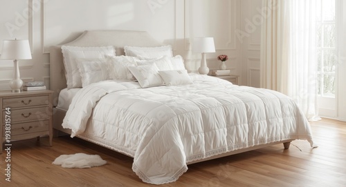 Elegant king size bed with white bedcover and fluffy pillows positioned in a corner of a light timber bedroom with spacious bedside table