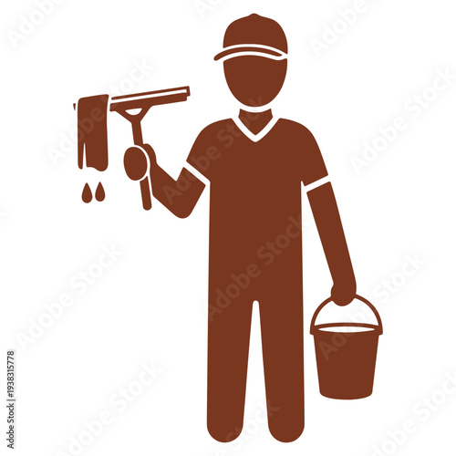 Professional cleaner icon with window cleaning equipment and a bucket ready to work offering cleanliness and sanitation services for homes and businesses