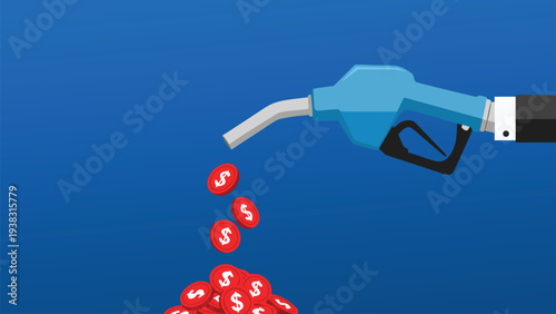 Fuel Pump Nozzle Pouring Dollar Coins Concept of High Gas Prices