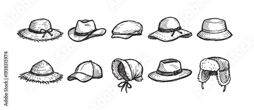 Hand-drawn sketch illustration showcasing a diverse collection of hats, including fedoras, baseball caps, and winter hats, isolated on a clean white background.