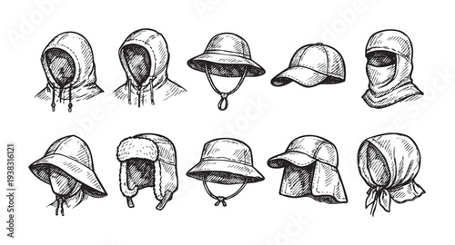 A sketch collection of different hats and headwear, rendered in a hand-drawn style with black lines on a white background, perfect for fashion illustration, accessory design, or thematic graphics.