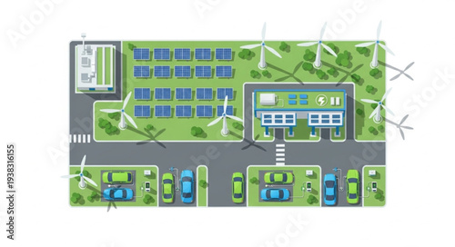 Aerial view of a sustainable energy complex with solar panels and wind turbines.
