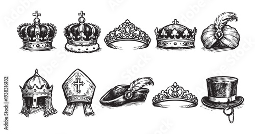 A collection of hand-drawn illustrations depicting various crowns, tiaras, and hats, perfect for vintage themes or fantasy designs. Black ink on a white background.