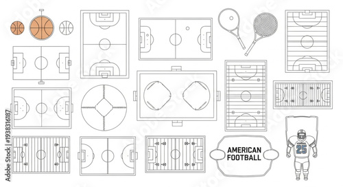 American Football Field Diagrams and Player Illustration.