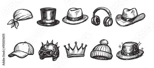 A hand-drawn collection of various hats, headwear, and accessories like headphones, presented in detailed line art. Great for fashion, design, or creative project themes.