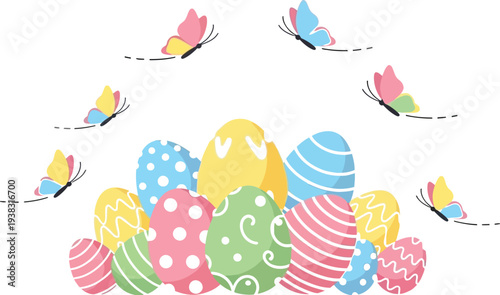 Colorful illustrated easter eggs are decorated with various patterns flying above a meadow with butterflies