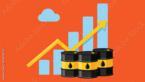 Oil barrels with upward growth chart and cloud icon