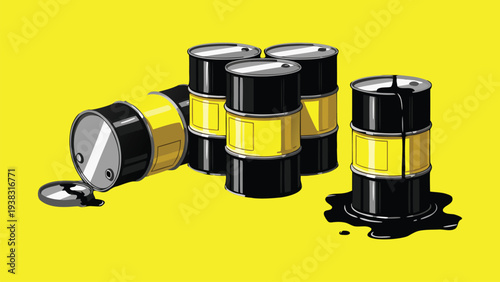 Oil Barrels with Crude Oil Spill on Yellow Background Illustration