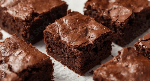 Close up of moist dark chocolate brownies with a soft shadow background