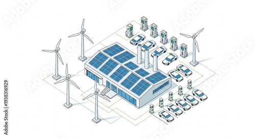 Sustainable energy concept with solar panels and wind turbines.