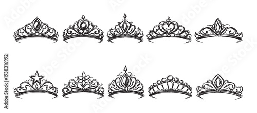 Hand-drawn sketchy set of ten unique crowns, ideal for princess, queen, or royalty themed designs, isolated on a white background.