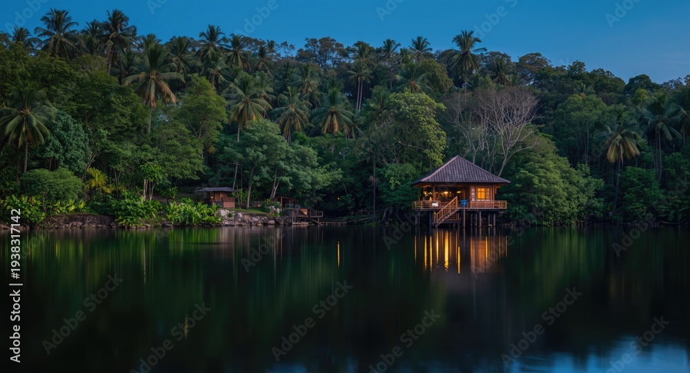 Obraz premium Calm water beside pavilion embraced by tropical forest at twilight