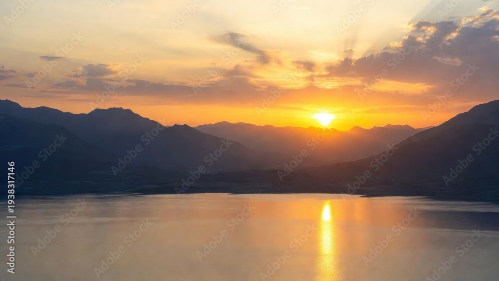 Obraz premium Lake surface mirroring sunrise over distant mountain range.