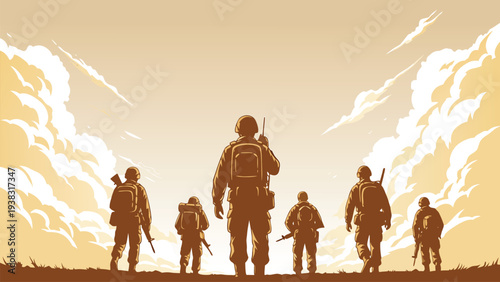 Soldier Silhouettes Walking Toward Horizon Vector Illustration