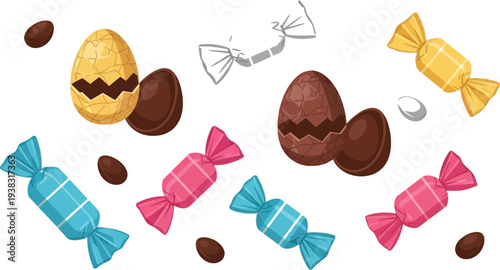 Assortment of colorful wrapped candies and delicious chocolate Easter eggs scattered across a white background