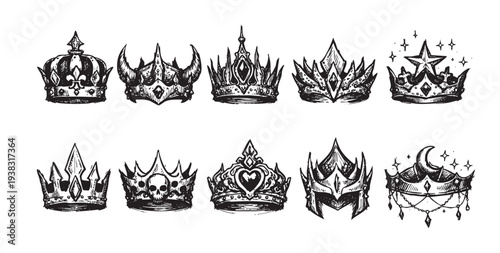 Hand-drawn black and white crown illustrations in various styles. Includes royalty, fantasy, gothic, and celestial elements perfect for design projects and creative applications.