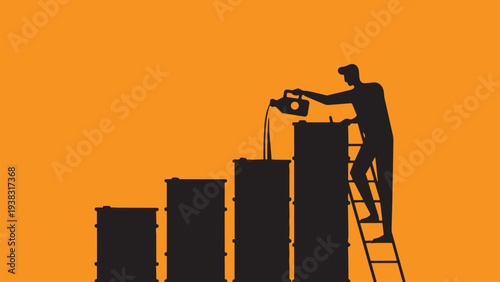 Silhouette Worker Installing Industrial Equipment with Ladder