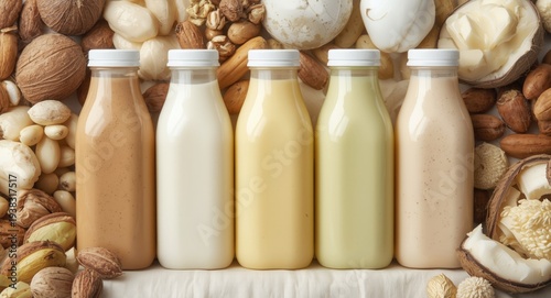 Collection of different flavored nut milks like hazelnut pistachio and coconut in transparent bottles