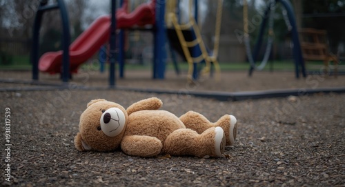 Brown teddy bear resting alone at playground symbolizing loss and forlornness