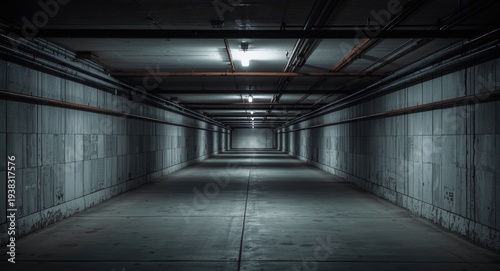 Empty industrial tunnel with underground floor lights and visible metallic structural supports