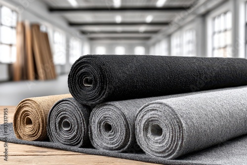 A close-up shot of various textured carpet rolls in neutral colors, arranged on a wooden surface in front of a blurred warehouse backdrop, showcasing textile samples.
