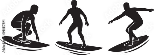 Surfing Silhouette Set – Surfer Riding Wave on Surfboard Vector Illustration