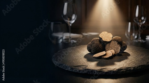 Luxury black truffle on slate plate in fine dining restaurant setting

Keywords