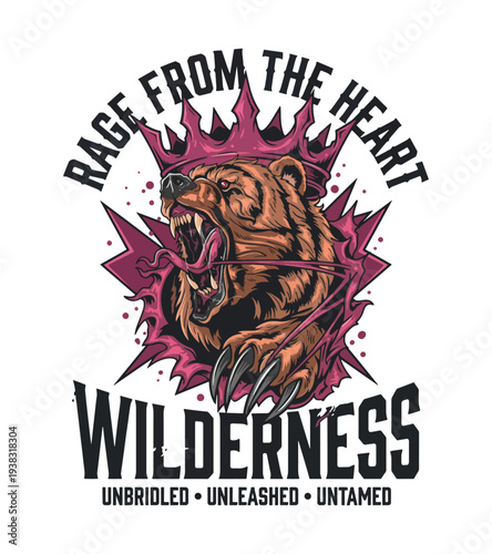 Aggressive brown bear t-shirt design with sharp claws and open mouth wearing pink crown surrounded by spiky shapes and text on isolated transparent background T-shirt Design