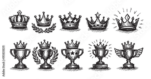 Collection of hand-drawn crowns and trophy cup doodles in black and white. Ideal for awards, achievements, or any creative design celebrating success.