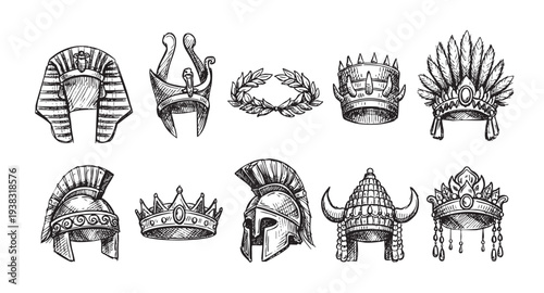 Hand-drawn sketch of diverse ancient headwear including crowns, helmets, and headdresses representing various cultures and eras, rendered in black and white with detailed linework.