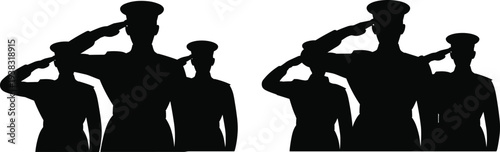 Group of military soldiers saluting silhouettes, army personnel honor gesture, patriotic armed forces concept illustration isolated on white background