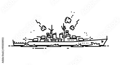 Warship Firing Guns at Sea.