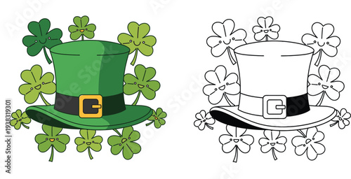 Cute St Patricks Day leprechaun hat with smiling kawaii clovers, color and black and white coloring page vector