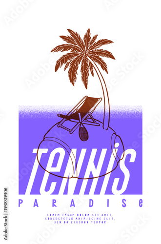 Tennis island in the shape of tennis ball with sling chair and tennis racket and palm-tree. Vintage typography t-shirt print vector illustration