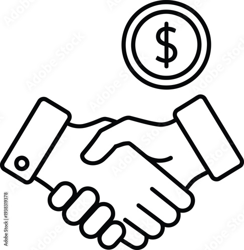 A simple line drawing of a handshake with a dollar sign above it, symbolizing a financial agreement.