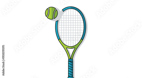 Simple illustration depicting a bright green tennis ball hovering just above a blue and green strung racket