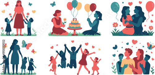 Flat style family illustration set with parents and children celebrating birthday and sharing love moments