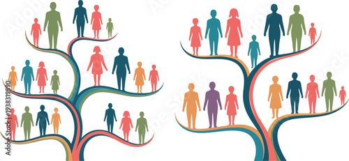 Generational family tree illustration, colorful people icons on branches, diversity and ancestry concept