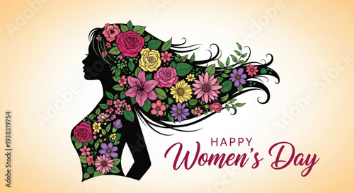 Vibrant floral silhouette of woman celebrating Women's Day with colorful flowers