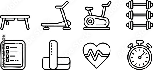 Gym equipment outline icons featuring treadmill exercise bike bench dumbbells heart rate monitor and timer