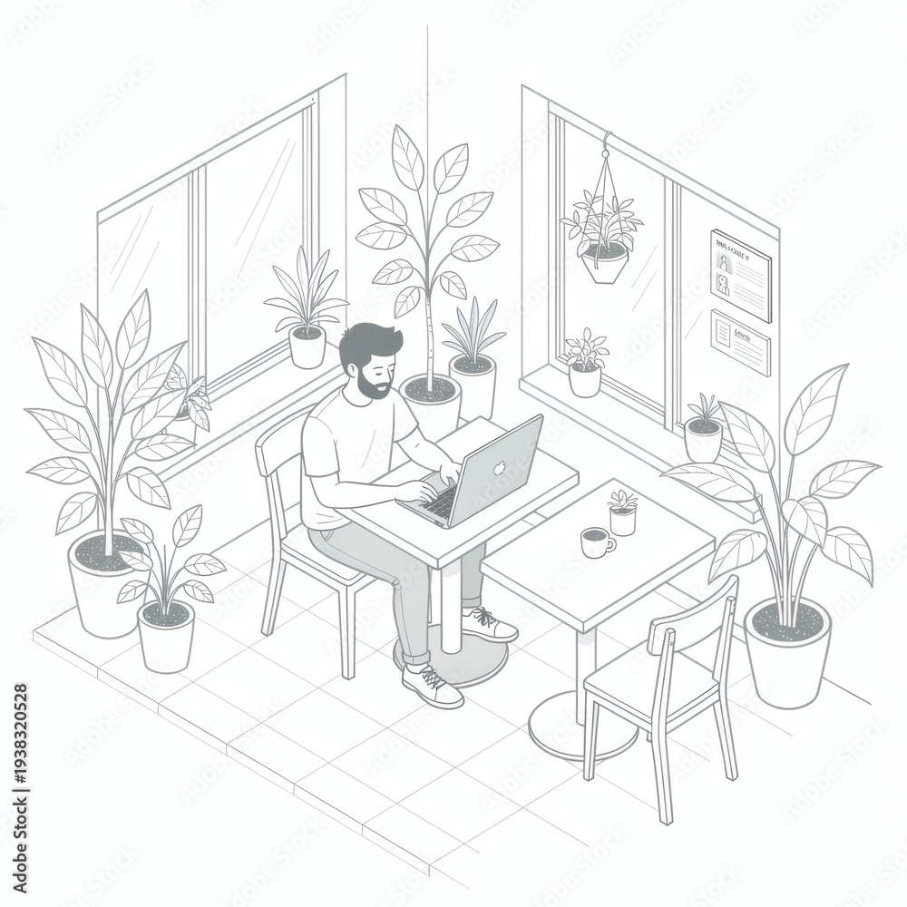 Fototapeta premium Remote Work Concept Office Line Art with Interior Design