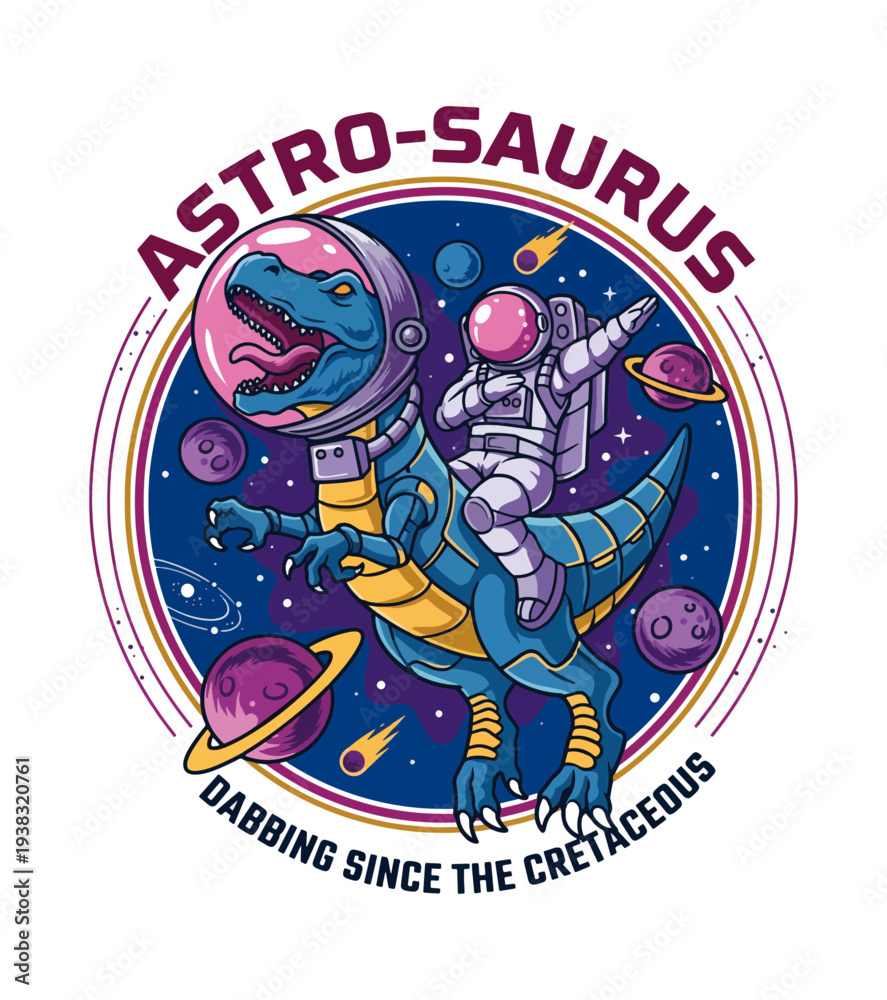 Fototapeta premium Cartoon dinosaur t-shirt design in space suit dancing with astronaut in circle surrounded by planets and stars isolated on transparent background T-shirt Design
