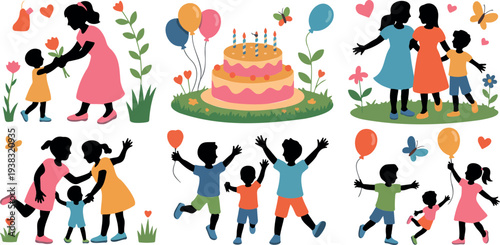 Happy family and children silhouette collection featuring birthday party cake balloons and outdoor activities