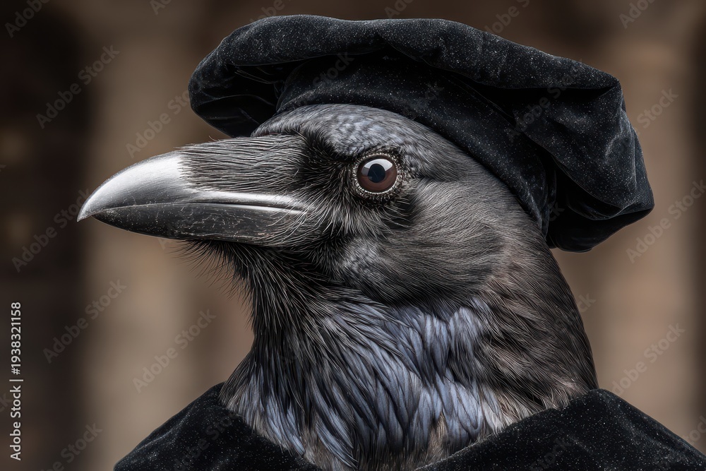 Naklejka premium Close-up of a raven wearing a black hat and cloak, creating a dramatic and enigmatic portrait with intense gaze and intriguing details in its feathers.