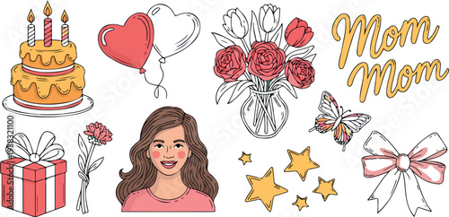 Happy mothers day illustrations with cake balloon flowers gift bow butterfly mom and stars