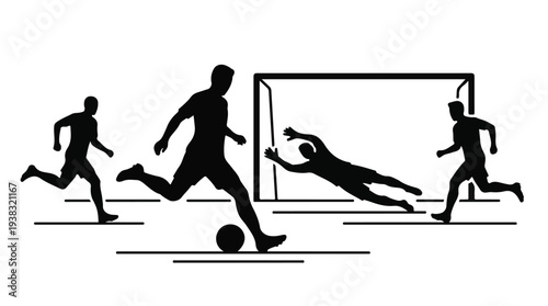 Football players and goalkeeper in action near goal, silhouette graphic.